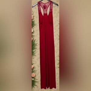 NWOT Na Na Solid Red Sleeveless LACE Racerback Sheer Floor length Maxi Dress SM